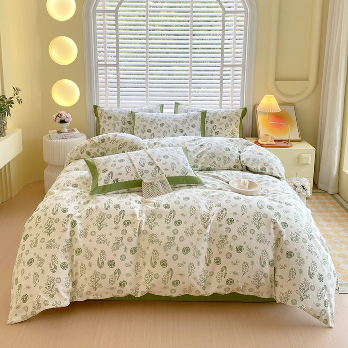 春皖家纺 2026高端直播热卖非遗A类全棉老粗布加厚床单款三件套-工艺款四件套 浅韵绿