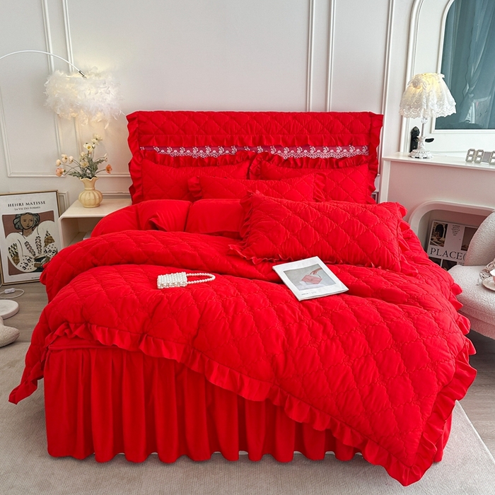 91家纺网 家纺一手货源 找家纺 怡源梦 2026新款A类亲肤棉床裙床笠二合一-蝴蝶飞飞系列 大红