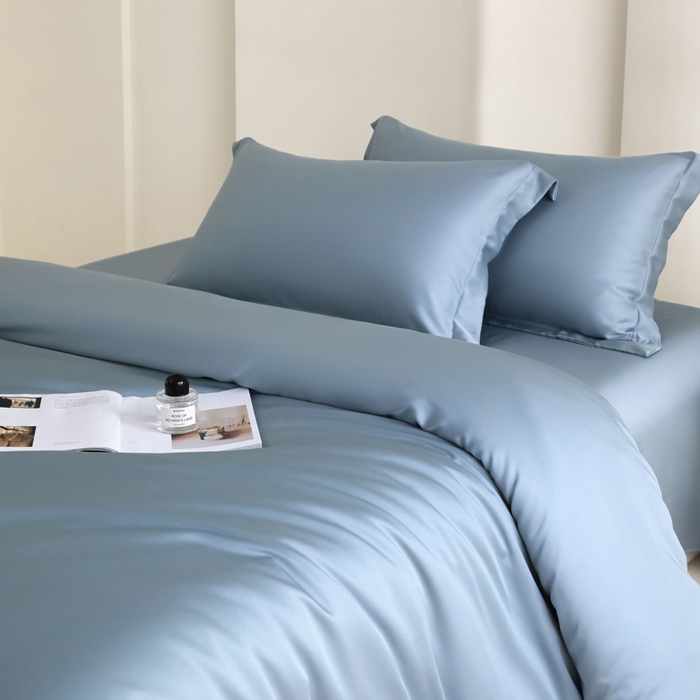 91家纺网 家纺一手货源 找家纺 禧澜庭 2026新款纯色夏季凉感天丝四件套莱赛尔纤维冰丝四件套 静雅蓝