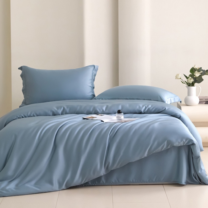 91家纺网 家纺一手货源 找家纺 禧澜庭 2026新款纯色夏季凉感天丝四件套莱赛尔纤维冰丝四件套 静雅蓝