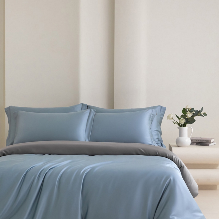 91家纺网 家纺一手货源 找家纺 禧澜庭 2026新款纯色夏季凉感天丝四件套莱赛尔纤维冰丝四件套 雅蓝云灰