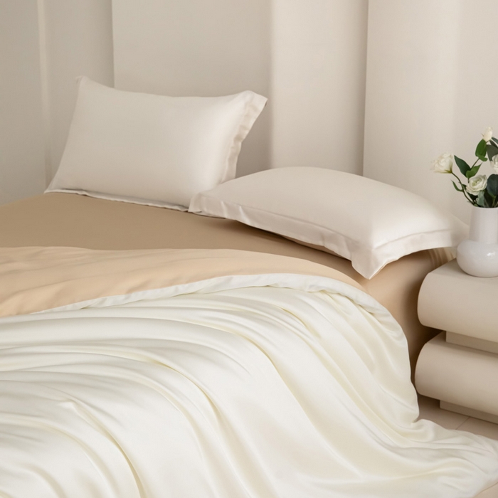 91家纺网 家纺一手货源 找家纺 禧澜庭 2026新款纯色夏季凉感天丝四件套莱赛尔纤维冰丝四件套 玉乳香槟