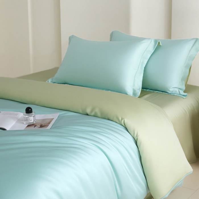 91家纺网 家纺一手货源 找家纺 禧澜庭 2026新款纯色夏季凉感天丝四件套莱赛尔纤维冰丝四件套 云蓝若草