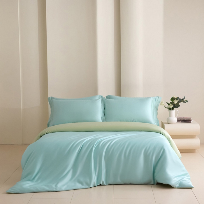 91家纺网 家纺一手货源 找家纺 禧澜庭 2026新款纯色夏季凉感天丝四件套莱赛尔纤维冰丝四件套 云蓝若草