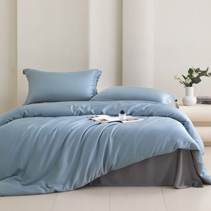 91家纺网 家纺一手货源 找家纺 禧澜庭 2026新款纯色夏季凉感天丝四件套莱赛尔纤维冰丝四件套 雅蓝云灰