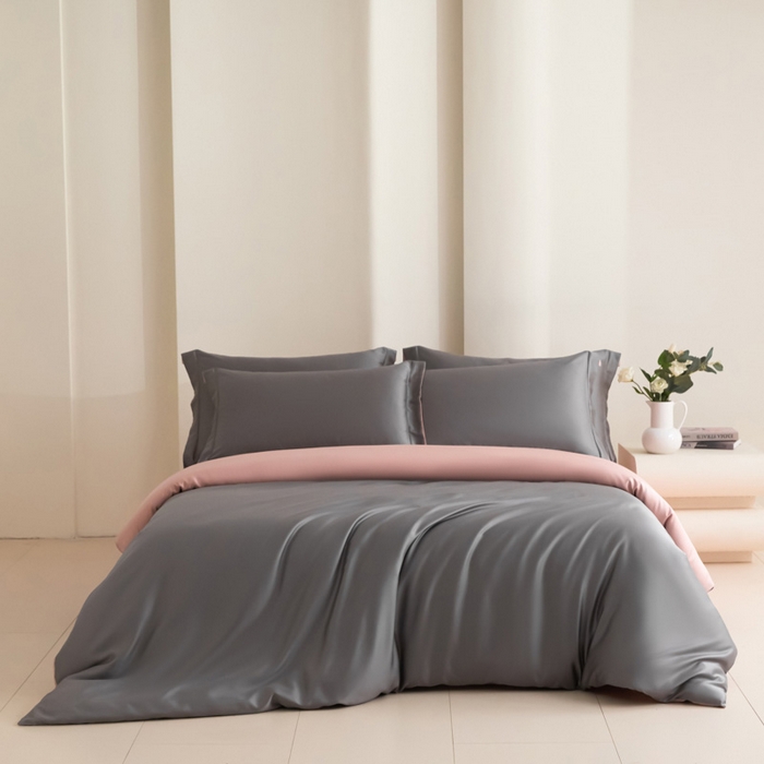 91家纺网 家纺一手货源 找家纺 禧澜庭 2026新款纯色夏季凉感天丝四件套莱赛尔纤维冰丝四件套 云灰莲粉