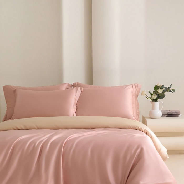 91家纺网 家纺一手货源 找家纺 禧澜庭 2026新款纯色夏季凉感天丝四件套莱赛尔纤维冰丝四件套 莲粉香槟