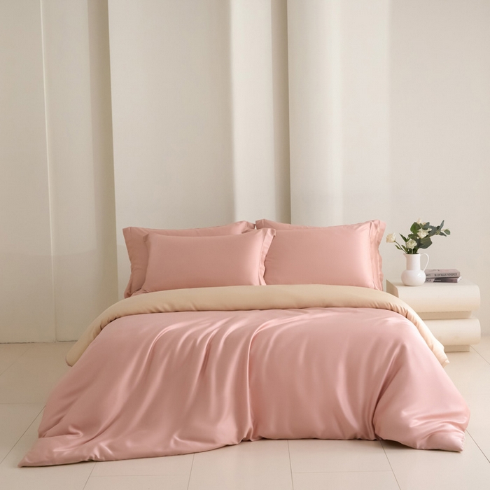 91家纺网 家纺一手货源 找家纺 禧澜庭 2026新款纯色夏季凉感天丝四件套莱赛尔纤维冰丝四件套 莲粉香槟