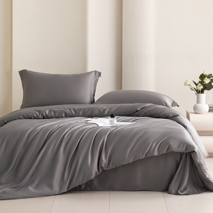 91家纺网 家纺一手货源 找家纺 禧澜庭 2026新款纯色夏季凉感天丝四件套莱赛尔纤维冰丝四件套 夏云灰