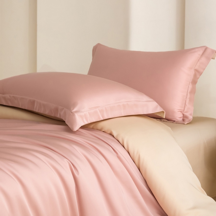 91家纺网 家纺一手货源 找家纺 禧澜庭 2026新款纯色夏季凉感天丝四件套莱赛尔纤维冰丝四件套 莲粉香槟