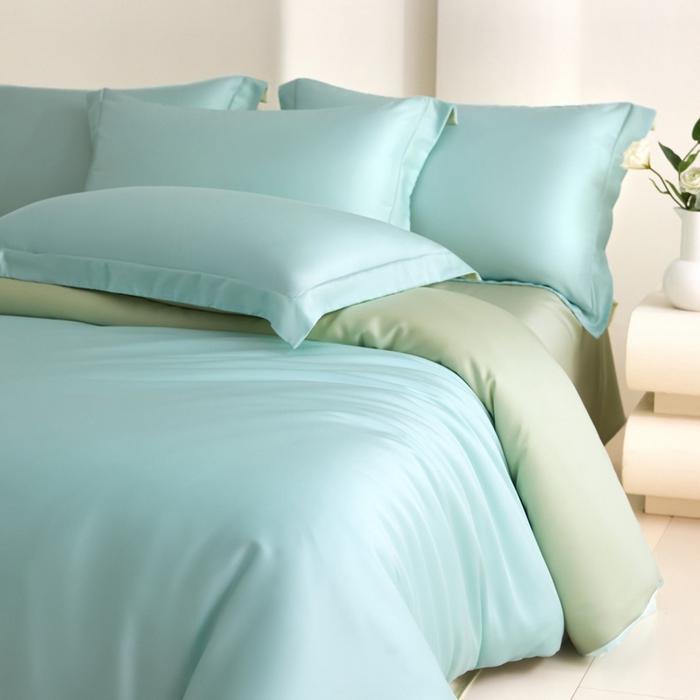 91家纺网 家纺一手货源 找家纺 禧澜庭 2026新款纯色夏季凉感天丝四件套莱赛尔纤维冰丝四件套 云蓝若草