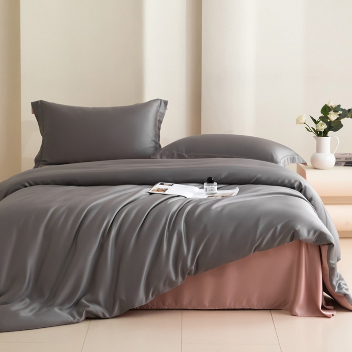 91家纺网 家纺一手货源 找家纺 禧澜庭 2026新款纯色夏季凉感天丝四件套莱赛尔纤维冰丝四件套 云灰莲粉