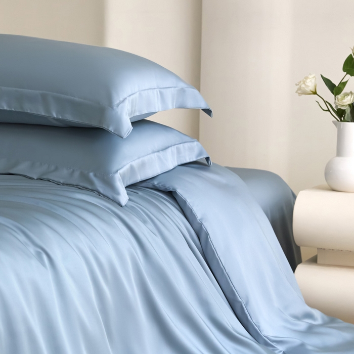 91家纺网 家纺一手货源 找家纺 禧澜庭 2026新款纯色夏季凉感天丝四件套莱赛尔纤维冰丝四件套 静雅蓝