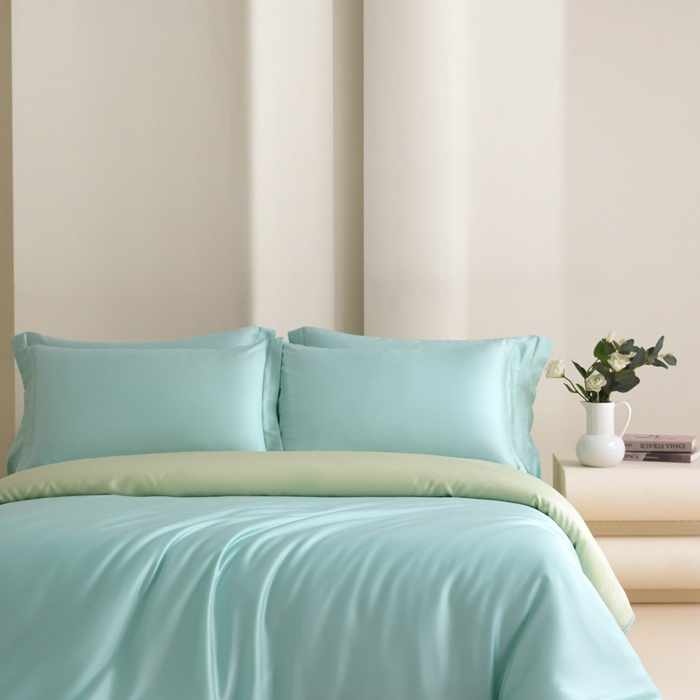 91家纺网 家纺一手货源 找家纺 禧澜庭 2026新款纯色夏季凉感天丝四件套莱赛尔纤维冰丝四件套 云蓝若草