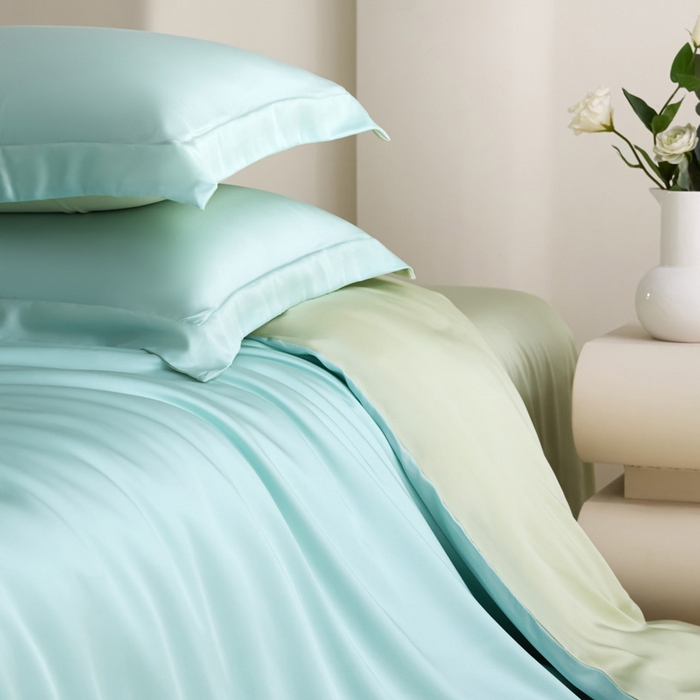 91家纺网 家纺一手货源 找家纺 禧澜庭 2026新款纯色夏季凉感天丝四件套莱赛尔纤维冰丝四件套 云蓝若草