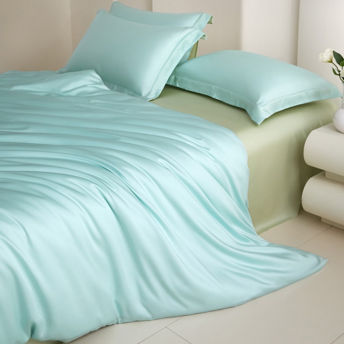 91家纺网 家纺一手货源 找家纺 禧澜庭 2026新款纯色夏季凉感天丝四件套莱赛尔纤维冰丝四件套 云蓝若草