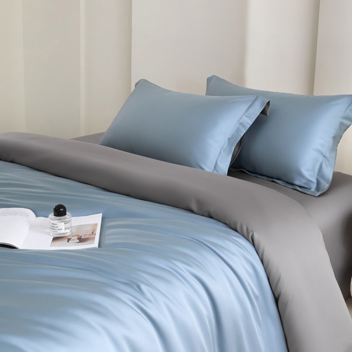 91家纺网 家纺一手货源 找家纺 禧澜庭 2026新款纯色夏季凉感天丝四件套莱赛尔纤维冰丝四件套 雅蓝云灰