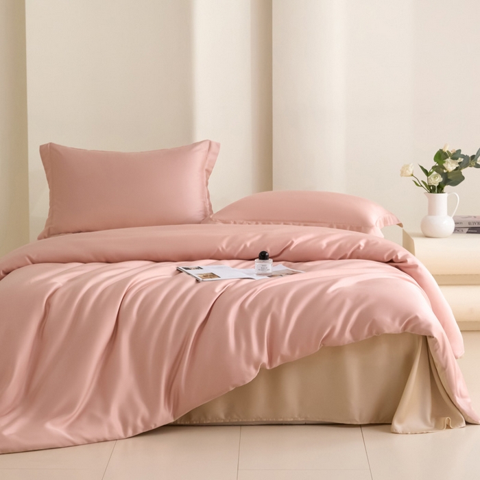 91家纺网 家纺一手货源 找家纺 禧澜庭 2026新款纯色夏季凉感天丝四件套莱赛尔纤维冰丝四件套 莲粉香槟