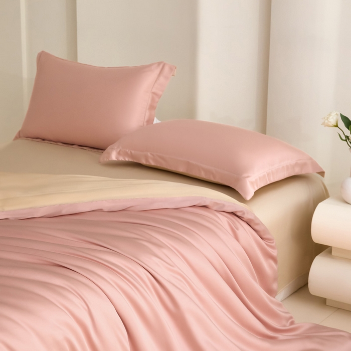 91家纺网 家纺一手货源 找家纺 禧澜庭 2026新款纯色夏季凉感天丝四件套莱赛尔纤维冰丝四件套 莲粉香槟