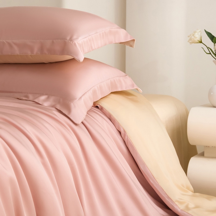 91家纺网 家纺一手货源 找家纺 禧澜庭 2026新款纯色夏季凉感天丝四件套莱赛尔纤维冰丝四件套 莲粉香槟