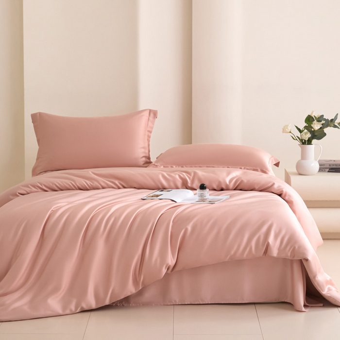 91家纺网 家纺一手货源 找家纺 禧澜庭 2026新款纯色夏季凉感天丝四件套莱赛尔纤维冰丝四件套 莲花粉