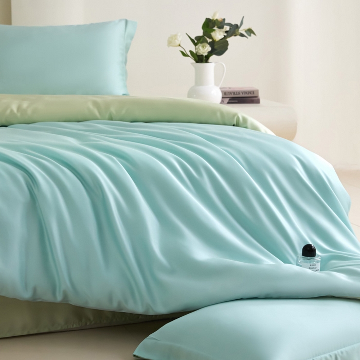 91家纺网 家纺一手货源 找家纺 禧澜庭 2026新款纯色夏季凉感天丝四件套莱赛尔纤维冰丝四件套 云蓝若草