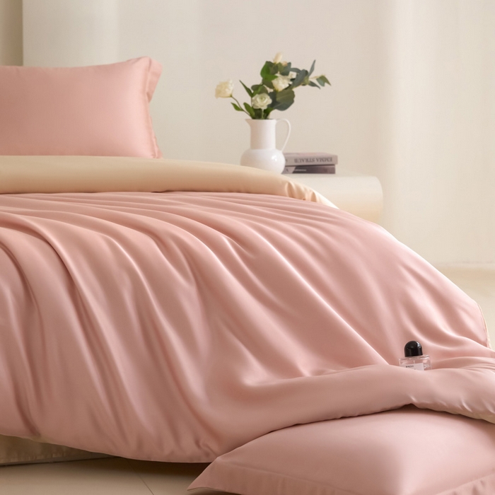 91家纺网 家纺一手货源 找家纺 禧澜庭 2026新款纯色夏季凉感天丝四件套莱赛尔纤维冰丝四件套 莲粉香槟