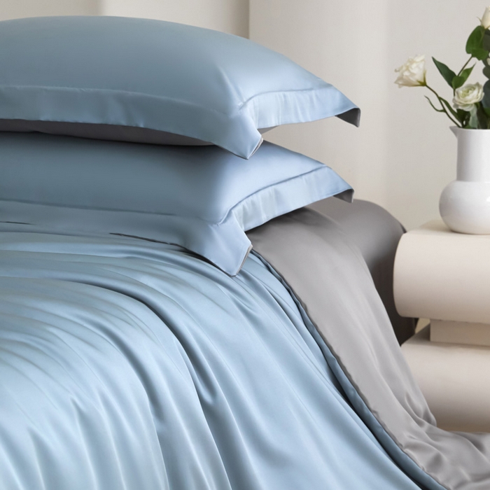 91家纺网 家纺一手货源 找家纺 禧澜庭 2026新款纯色夏季凉感天丝四件套莱赛尔纤维冰丝四件套 雅蓝云灰