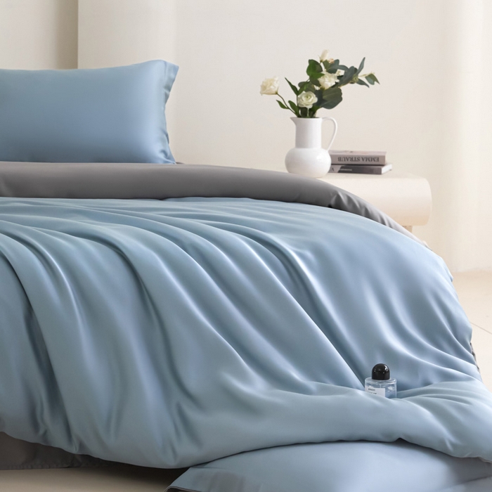 91家纺网 家纺一手货源 找家纺 禧澜庭 2026新款纯色夏季凉感天丝四件套莱赛尔纤维冰丝四件套 雅蓝云灰