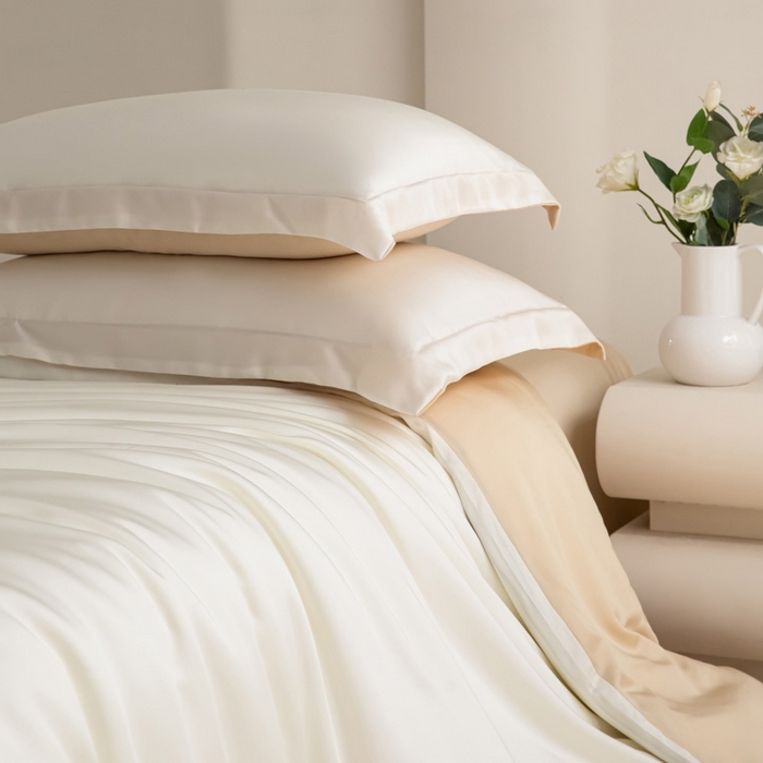 91家纺网 家纺一手货源 找家纺 禧澜庭 2026新款纯色夏季凉感天丝四件套莱赛尔纤维冰丝四件套 玉乳香槟