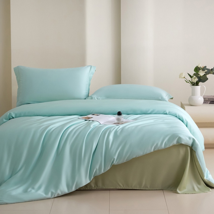 91家纺网 家纺一手货源 找家纺 禧澜庭 2026新款纯色夏季凉感天丝四件套莱赛尔纤维冰丝四件套 云蓝若草