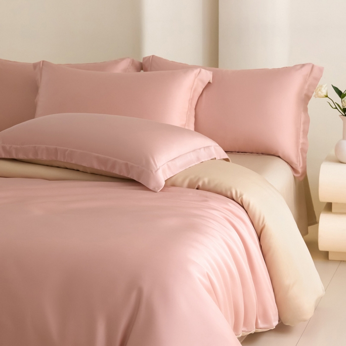 91家纺网 家纺一手货源 找家纺 禧澜庭 2026新款纯色夏季凉感天丝四件套莱赛尔纤维冰丝四件套 莲粉香槟