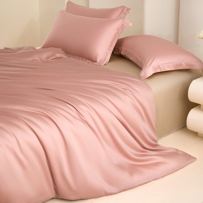 91家纺网 家纺一手货源 找家纺 禧澜庭 2026新款纯色夏季凉感天丝四件套莱赛尔纤维冰丝四件套 莲粉香槟