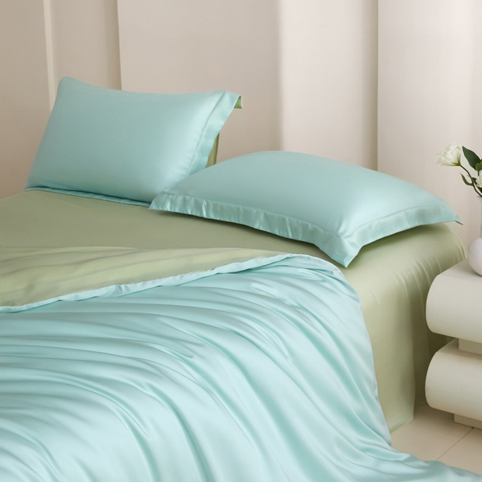 91家纺网 家纺一手货源 找家纺 禧澜庭 2026新款纯色夏季凉感天丝四件套莱赛尔纤维冰丝四件套 云蓝若草