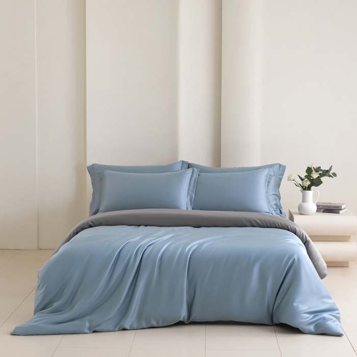 91家纺网 家纺一手货源 找家纺 禧澜庭 2026新款纯色夏季凉感天丝四件套莱赛尔纤维冰丝四件套 雅蓝云灰