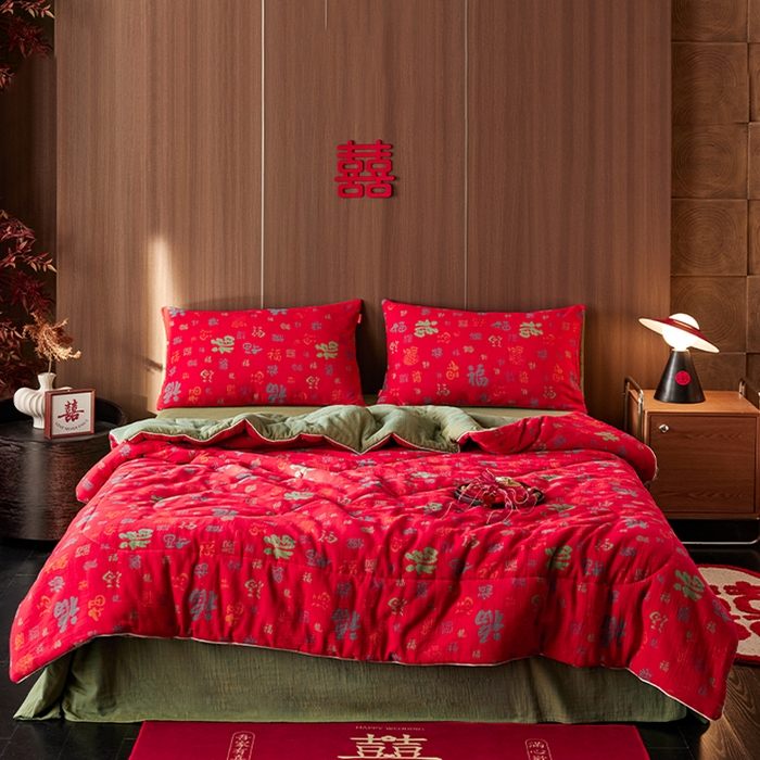 春皖家纺 2026新款全棉双层提花夏被四件套 夏被红百福