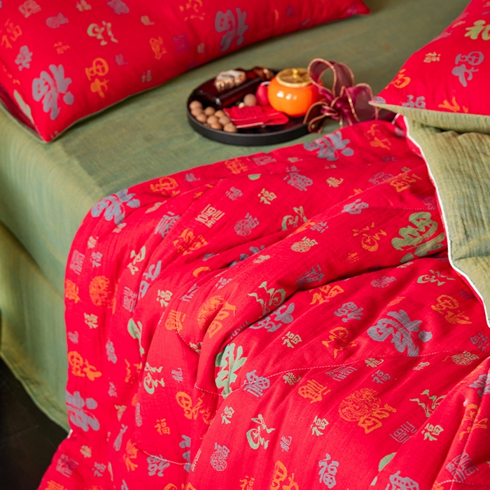 91家纺网 家纺一手货源 找家纺 春皖家纺 2026新款全棉双层提花夏被四件套 夏被红百福