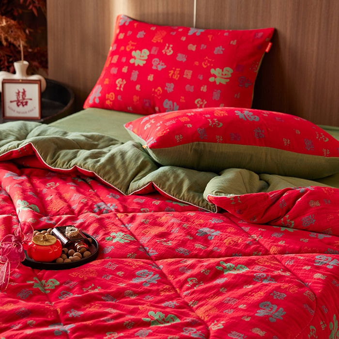 91家纺网 家纺一手货源 找家纺 春皖家纺 2026新款全棉双层提花夏被四件套 夏被红百福