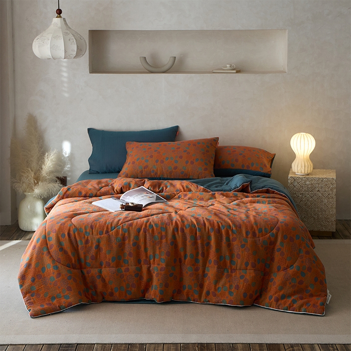 春皖家纺 2026新款全棉双层提花夏被四件套 映阳黄蓝