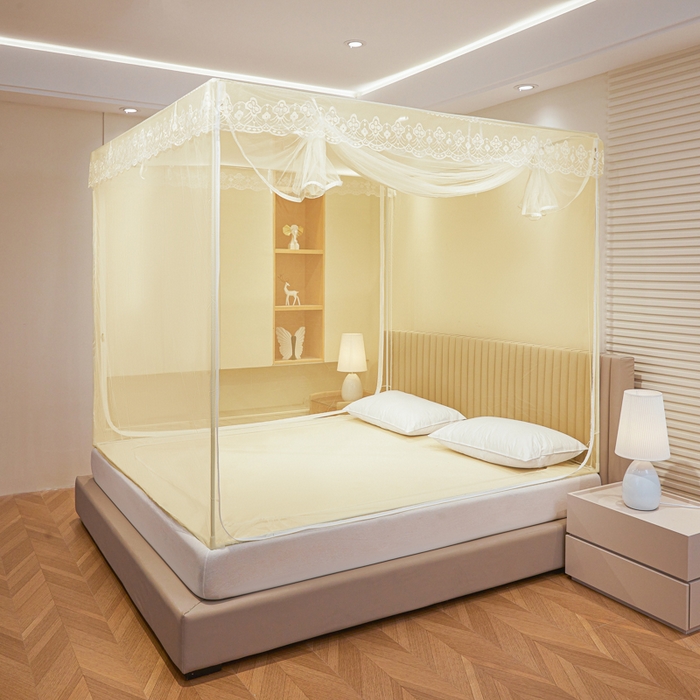 91家纺网 家纺一手货源 找家纺 都市缘蚊帐 2026新款三开门坐床防摔蚊帐二开门拉链方帐1.5m1.8m502坐床蚊帐米黄