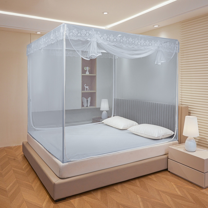 91家纺网 家纺一手货源 找家纺 都市缘蚊帐 2026新款三开门坐床防摔蚊帐二开门拉链方帐1.5m1.8m502坐床蚊帐蓝灰