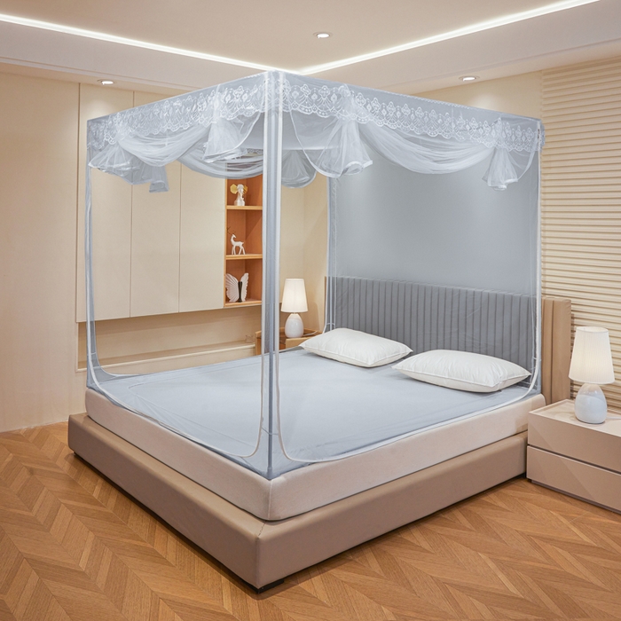 91家纺网 家纺一手货源 找家纺 都市缘蚊帐 2026新款三开门坐床防摔蚊帐二开门拉链方帐1.5m1.8m502坐床蚊帐蓝灰