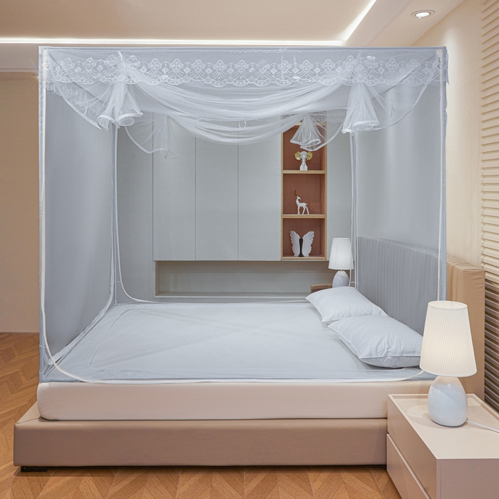 91家纺网 家纺一手货源 找家纺 都市缘蚊帐 2026新款三开门坐床防摔蚊帐二开门拉链方帐1.5m1.8m502坐床蚊帐蓝灰