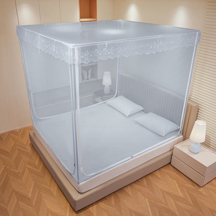 91家纺网 家纺一手货源 找家纺 都市缘蚊帐 2026新款三开门坐床防摔蚊帐二开门拉链方帐1.5m1.8m502坐床蚊帐蓝灰