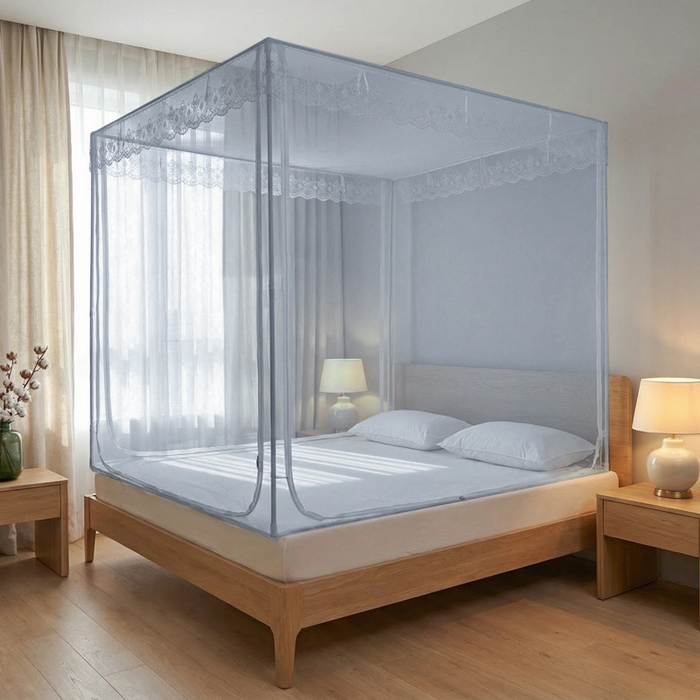 91家纺网 家纺一手货源 找家纺 都市缘蚊帐 2026新款三开门坐床防摔蚊帐二开门拉链方帐1.5m1.8m502坐床蚊帐蓝灰