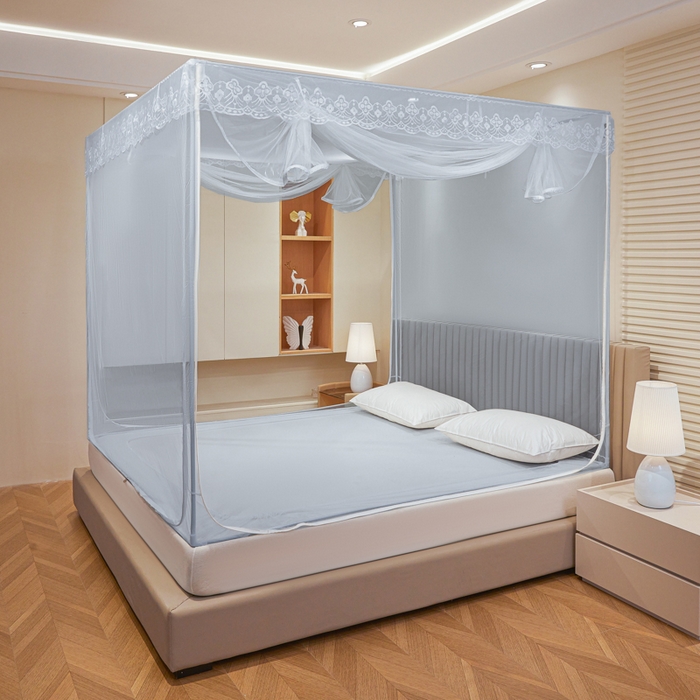 都市缘蚊帐 2026新款三开门坐床防摔蚊帐二开门拉链方帐1.5m1.8m502坐床蚊帐蓝灰