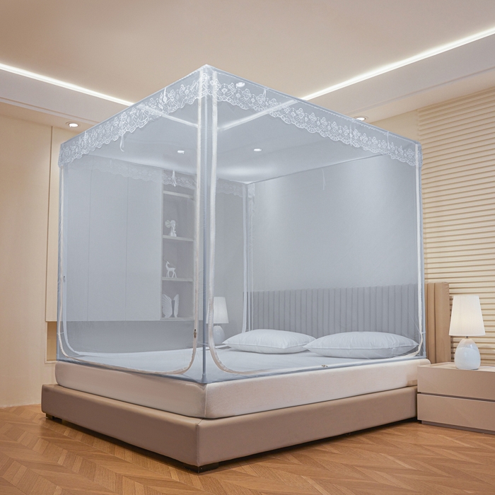 91家纺网 家纺一手货源 找家纺 都市缘蚊帐 2026新款三开门坐床防摔蚊帐二开门拉链方帐1.5m1.8m502坐床蚊帐蓝灰