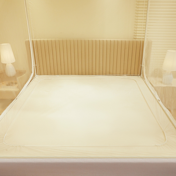 91家纺网 家纺一手货源 找家纺 都市缘蚊帐 2026新款三开门坐床防摔蚊帐二开门拉链方帐1.5m1.8m502坐床蚊帐米黄