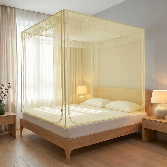 91家纺网 家纺一手货源 找家纺 都市缘蚊帐 2026新款三开门坐床防摔蚊帐二开门拉链方帐1.5m1.8m502坐床蚊帐米黄