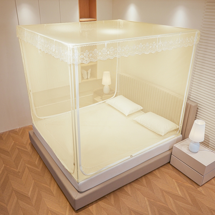 91家纺网 家纺一手货源 找家纺 都市缘蚊帐 2026新款三开门坐床防摔蚊帐二开门拉链方帐1.5m1.8m502坐床蚊帐米黄